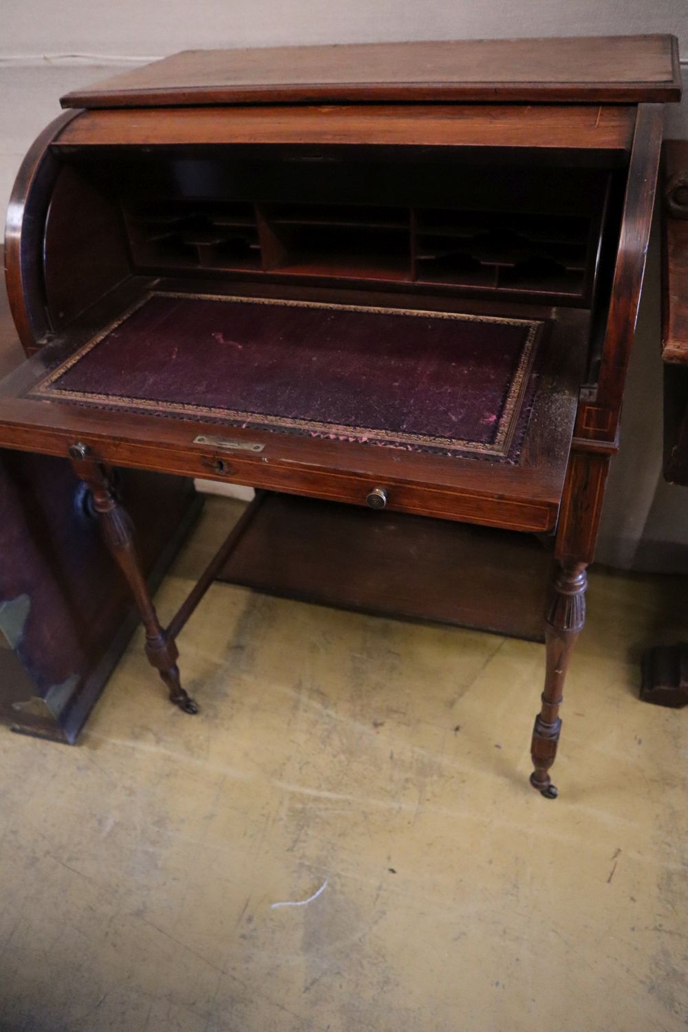 An Edwardian marquetry inlaid rosewood cylinder bureau, width 69cm